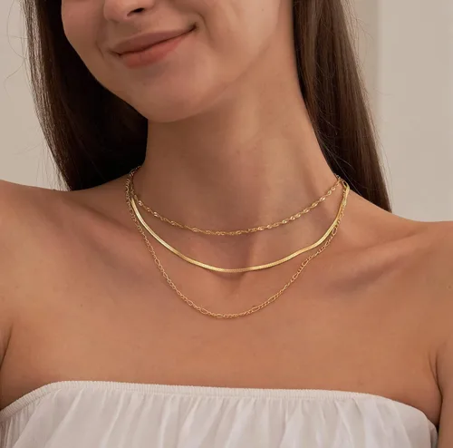 Vista 4 de NECOCY Collar de espiga para mujer, chapado en oro de 14 quilates, collares de oro en capas, delicado collar de espiga de oro grueso, delgado