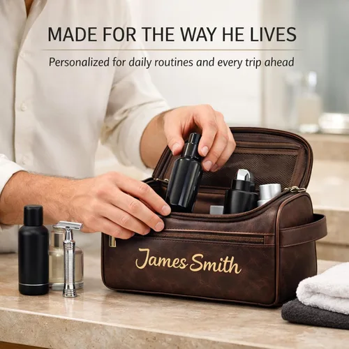 Vista 6 de Personalized Toiletry Bag for Men, Engraved Hanging Dopp Kit Negro