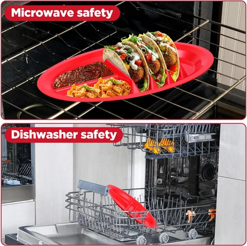 Vista 5 de Paquete de 12 platos coloridos de plástico para tacos, soporte reutilizable para tacos con divisores para 3 tacos y 2 áreas de inmersión, sin BPA