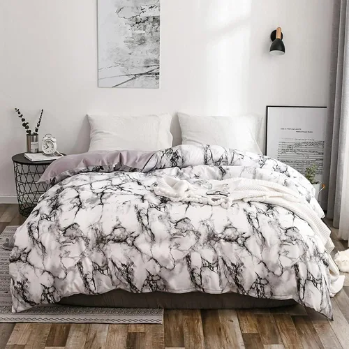 Vista 7 de Juego de 3 piezas de ropa de cama de mármol, funda de edredón de poliéster, juego de funda de edredón para el hogar, dormitorio, hotel, tamaño doble