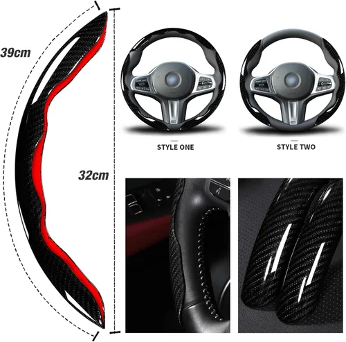 Vista 5 de Juego de fundas para volante de automóvil, funda de fibra de carbono brillante, antideslizante, 3 piezas, accesorios para volante de 14.5-15 negro