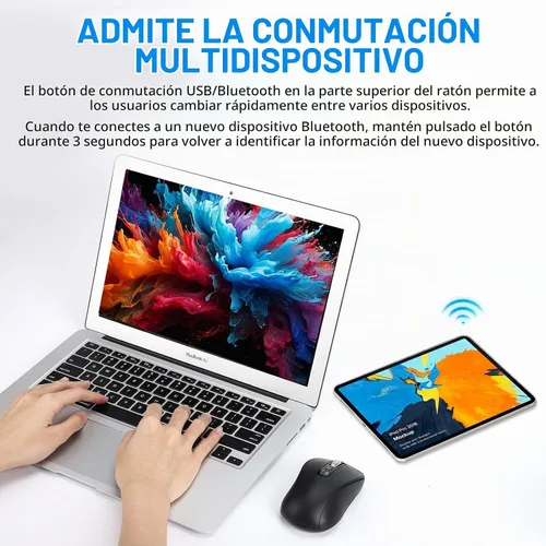 Vista 6 de Ratón Bluetooth inalámbrico, multimodo de 3 dispositivos (USB + 2 Bluetooth), rueda de desplazamiento de metal de 4 vías, DPI ajustable, clic Negro