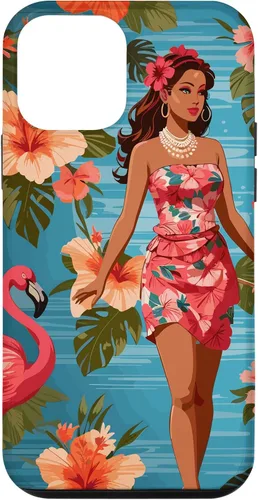 Vista 16 de iPhone 12 Pro Max Vintage Tiki Design - Funda hawaiana retro de flores hula y flamencos