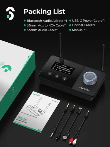 Vista 8 de SOOMFON - Receptor transmisor Bluetooth 5.3 con antena dual para auriculares TV 2 Adaptador óptico 3 en 1 de 0.138 in AUX RCA Bluetooth 5.3