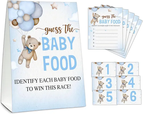 Vista 16 de Guess the Baby Food Party Games, juego de baby shower, 1 letrero de pie + 25 tarjetas de respuesta + 6 tarjetas de números, suministros