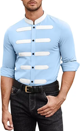 Vista 6 de Camisa de vestir para hombre, empalme elástico sin arrugas, manga larga, con botones, para playa