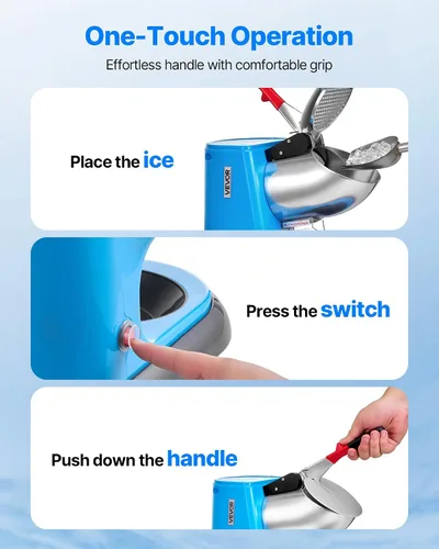 Vista 4 de VEVOR Máquina trituradora de hielo, 220 libras por hora, máquina eléctrica de cono de nieve de 4 cuchillas, máquina de hielo afeitado de acero Azul
