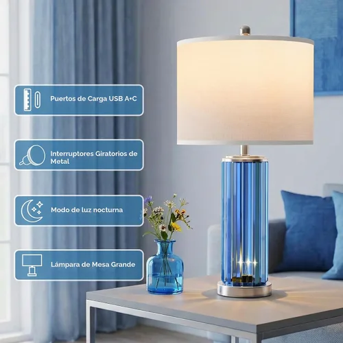 Vista 7 de Juego de 2 lámparas de mesa azules para dormitorio con luz nocturna, lámpara de noche moderna