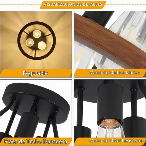 Vista 4 de Lámpara de techo moderna de granja de madera semiempotrada, accesorios de iluminación de pasillo y entrada, lámpara de techo industrial rústica de 3