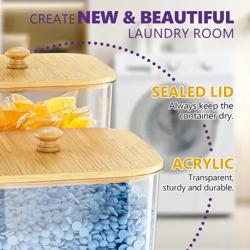 Vista 4 de Moforoco 2+1 Pack Bamboo Laundry Pods Container, Clear Laundry Room Organization Containers,Large Laundry Detergent Powder Storage Containers Lids &