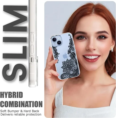 Vista 4 de Compatible con iPhone 15, funda transparente de encaje negro floral a prueba de golpes, parte trasera dura, delgada, bonita funda transparente