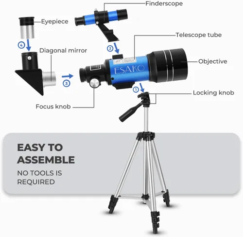 Vista 6 de ESAKO - Telescopio para niños y principiantes, telescopios portátiles con apertura de 70 mm y 3 oculares, trípode de altura ajustable y adaptador