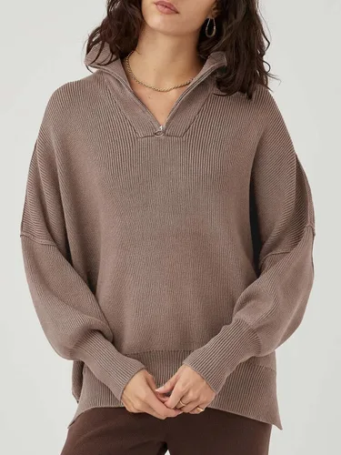Vista 2 de Caracilia Suéter de gran tamaño para mujer, cuello con cremallera de 14, manga larga, hombros caídos, suéter holgado