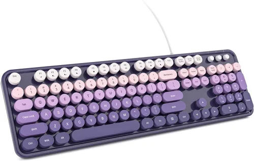 Vista 15 de KNOWSQT - Teclado de computadora con cable, color púrpura, retro, tamaño completo, tapa de tecla redonda, lindo, para enchufar y usar, para Windows