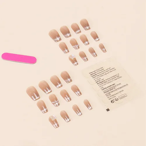 Vista 3 de Uñas postizas acrílicas artificiales con punta francesa en color nude con diseño de mariposa de cristal 3D y perla - Uñas de ataúd brillantes