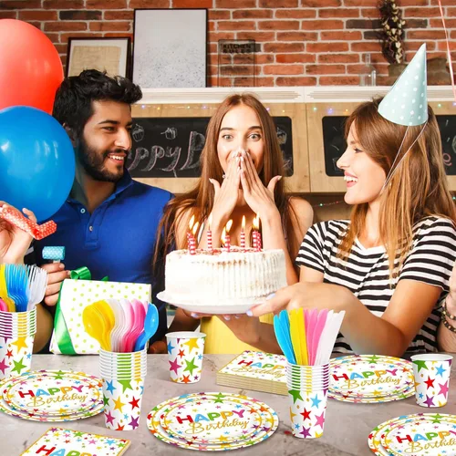 Vista 7 de Meanplan - Juego de 168 platos de feliz cumpleaños y servilletas para 24 invitados