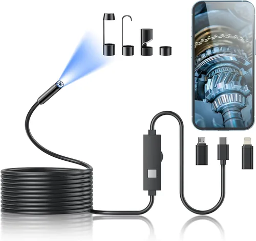 Vista 9 de Cámara endoscópica con luz, herramientas de boroscopio de 1920P HD con 8 luces LED ajustables, endoscopio con cámara de serpiente semirrígida