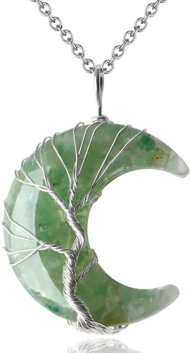Vista 9 de MAIBAOTA Collar de Cristal Curativo, Collar de Luna Creciente con Árbol de la Vida envuelto en alambre, Collares con Colgante de Piedra Natural
