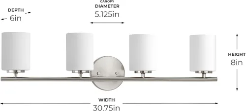 Vista 10 de Progress Lighting Lámpara moderna de tocador de baño de cristal blanco grabado con 4 luces, colección Replay, níquel cepillado (P2160-09)