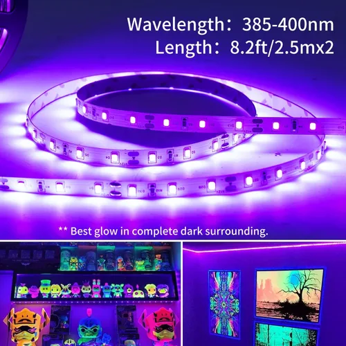 Vista 2 de Tira de luz negra USB de 16.4 pies con caja de batería, tira de luz negra LED de 5 V, 300 LED para brillar en la oscuridad, 385-400 nm para fiesta