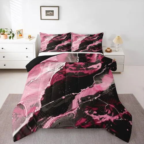 Vista 34 de Feelyou Juego de edredón abstracto para todas las estaciones, juego de ropa de cama negro y azul con 1 funda de almohada con estampado de mármol
