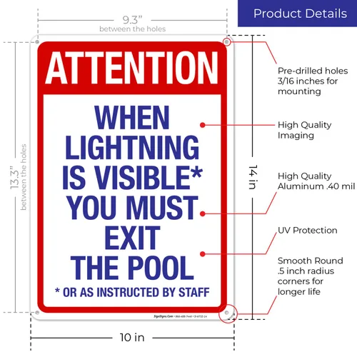 Vista 3 de Letrero con texto en inglés "Attention When Lightning is Visible You Must Exit The Pool - Letrero de piscina, 10 x 14 pulgadas, libre de óxido