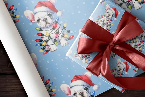 Vista 7 de Lindas luces de Navidad, papel de regalo de bulldog francés de Navidad, decoración de Navidad con temática de perro cachorro