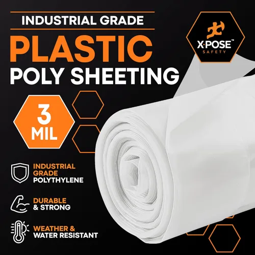 Vista 3 de Xpose Safety Láminas de plástico transparente – Rollo de 10 x 25 pies – Hoja de polietileno resistente de 3 mil – Impermeable, a prueba de polvo