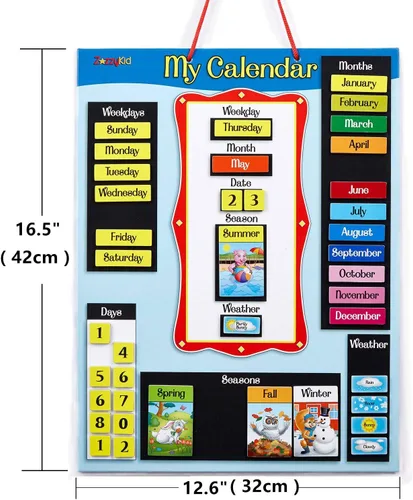 Vista 5 de ZazzyKid Calendario magnético y tabla meteorológica para niños, calendario diario preescolar de aprendizaje para días de la semana, meses, clima