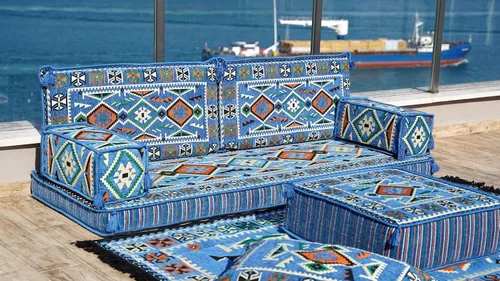 Vista 3 de arabicsofa Sofá Tradicional Árabe para Piso – Juego de Cojines Modulares para Sala de Estar Azul