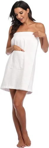 Vista 2 de Bata de baño para mujer, estilo gofre, longitud hasta la rodilla, ligera, corta con cierre ajustable
