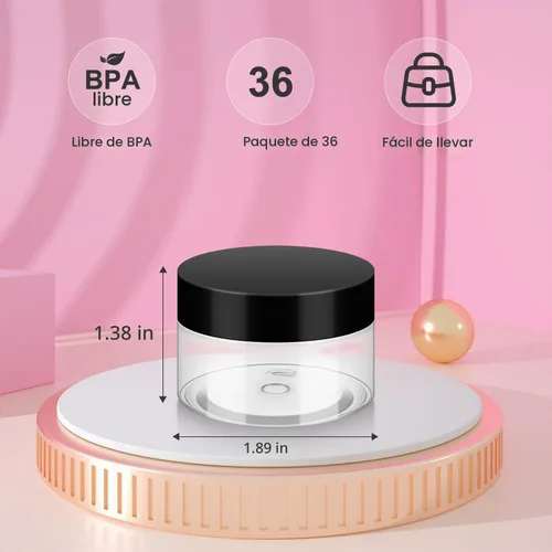 Vista 3 de Loretoy Paquete de 36 tarros de plástico de 1 onza con tapas, sin BPA, reutilizables, rellenables, recipientes de cosméticos transparentes