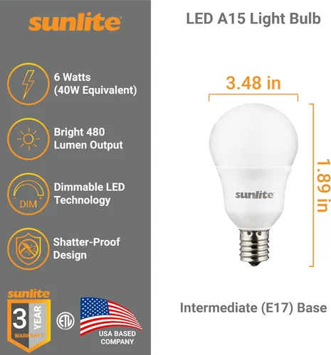 Vista 2 de Sunlite Bombilla LED A15 E17, bombillas de base intermedia, 6 vatios (equivalente a 40 W), 480 lúmenes, regulable, para ventilador de techo