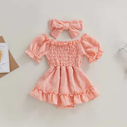 Vista 99 de Mameluco para bebés y niñas de 3, 6, 9, 12, 18 meses, enterizo de manga corta, fruncido, faldas y dobladillo, diadema