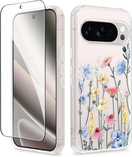 Vista 21 de GVIEWIN Funda para Google Pixel 10a con protector de pantalla, protección contra caídas de grado militar, no amarillenta, transparente, floral