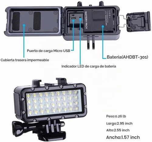 Vista 4 de Suptig Luz de buceo de alta potencia regulable impermeable LED luz de video de llenado luz nocturna subacuática luz impermeable 147 pies para Gopro