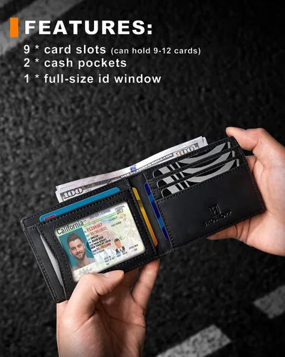 Vista 54 de Billetera AirTag para hombre, de piel auténtica plegable con bloqueo Rfid AirTag con ranuras para efectivo y ventana de identificación, compatible