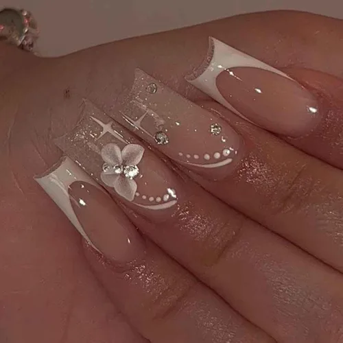 Vista 8 de Foccna - Uñas postizas 3D con flores, cuadradas, rosas, francesas, brillantes, con strass, largas, para manicura, 24 piezas