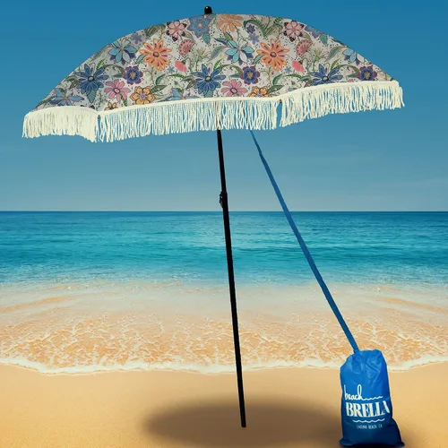 Vista 45 de Sombrilla de playa para arena, resistente al viento, con bolsa de anclaje de arena, portátil, flecos, bolsa de mezclilla, cuenta con parte inferior