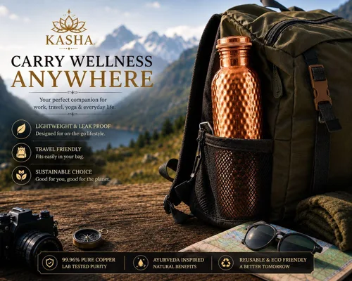 Vista 4 de KASHA Ayurvedic - Botella de agua de cobre puro 99.96% para agua potable, probada en laboratorio, 32 onzas, botella de agua de cobre puro a prueba