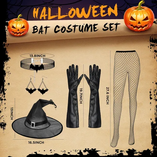 Vista 2 de Ramede 5 Pcs Halloween Witch Hat Accessories, Include Black Wide Brim Pointed Hat, Lace Bat Choker, Cool Earrings Gothic Jewelry Set, PU Leather