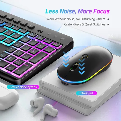 Vista 7 de Combo de teclado y mouse inalámbricos con retroiluminación, teclado recargable de 2.4 GHz con soporte para tableta de teléfono, 11 teclas de acceso
