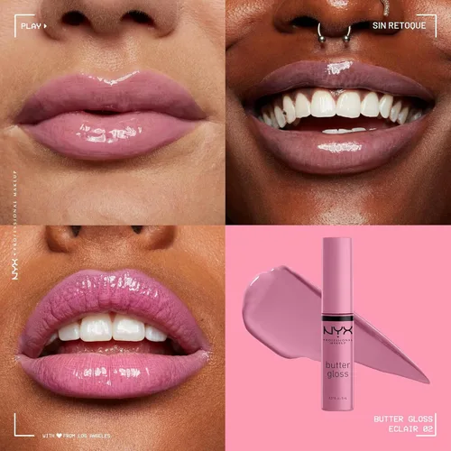 Vista 3 de NYX MAQUILLAJE PROFESIONAL Brillo de mantequilla, brillo de labios no pegajoso, - Eclair (rosa)
