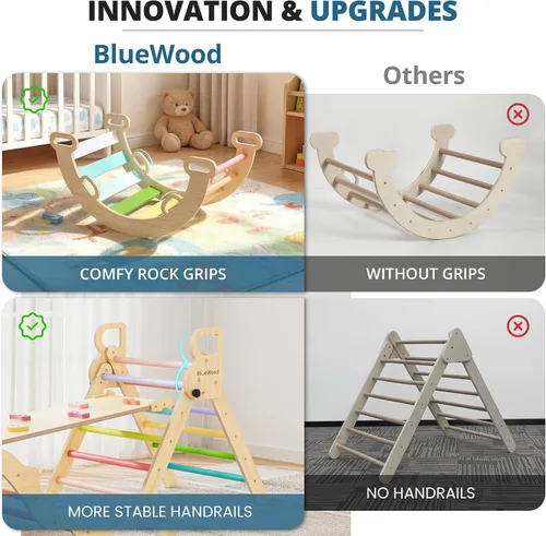 Vista 5 de BlueWood Pikler - Juego de triángulos de madera para niños pequeños, escalador plegable 7 en 1 para interiores para niños, juego de filosofía