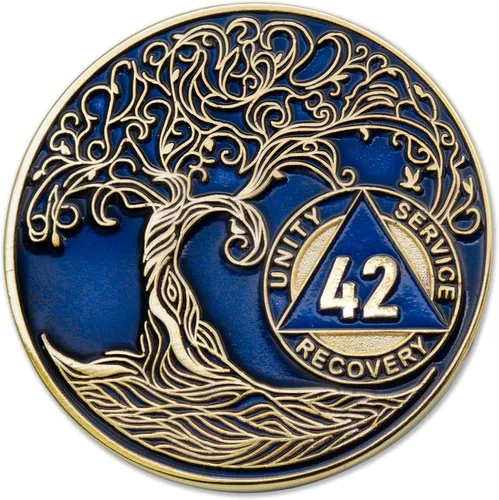 Vista 162 de 1 año Sobriety Mint Twisted Tree of Life Medallón de recuperación AA chapado en oro, chip/ficha - negro