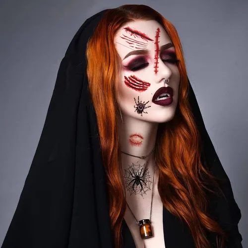 Vista 4 de 42 hojas de telaraña 3D y tatuajes temporales de cicatriz falsa, kit de maquillaje de Halloween, bruja zombi, realista, falso murciélago, tatuajes