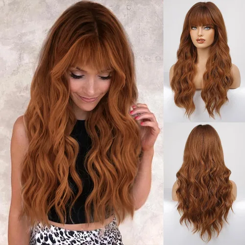 Vista 12 de HAIRCUBE - Peluca marrón con reflejos rubios, peluca larga y rizada con flequillo, peluca marrón de apariencia natural, peluca sintética resistente