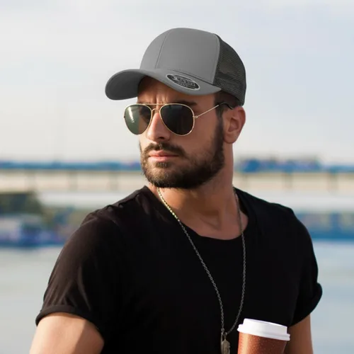 Vista 7 de Cap America i8502 Flexfit 110 Premium - Gorra de camionero de perfil medio con 6 paneles de malla trasera con protección UV y cierre ajustable