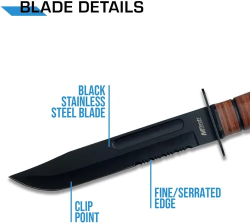 Vista 3 de MTECH USA M-tech USA - Cuchillo de supervivencia de acero inoxidable acanalado de cuero, marrón, pequeño