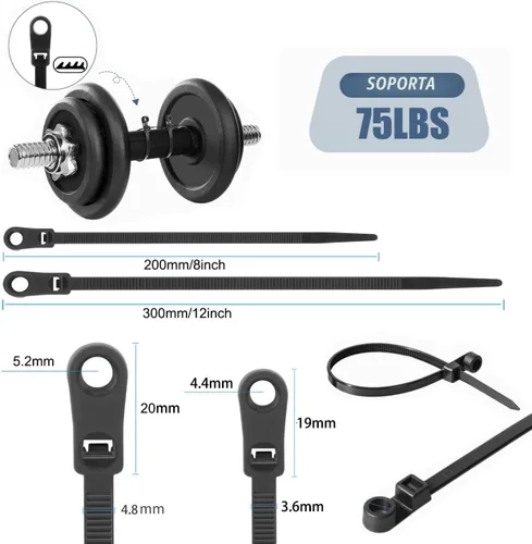 Vista 2 de Bridas de cremallera negras de 8 pulgadas con agujero de tornillo, bridas de cable resistentes para cables de 75 libras con cabeza montable